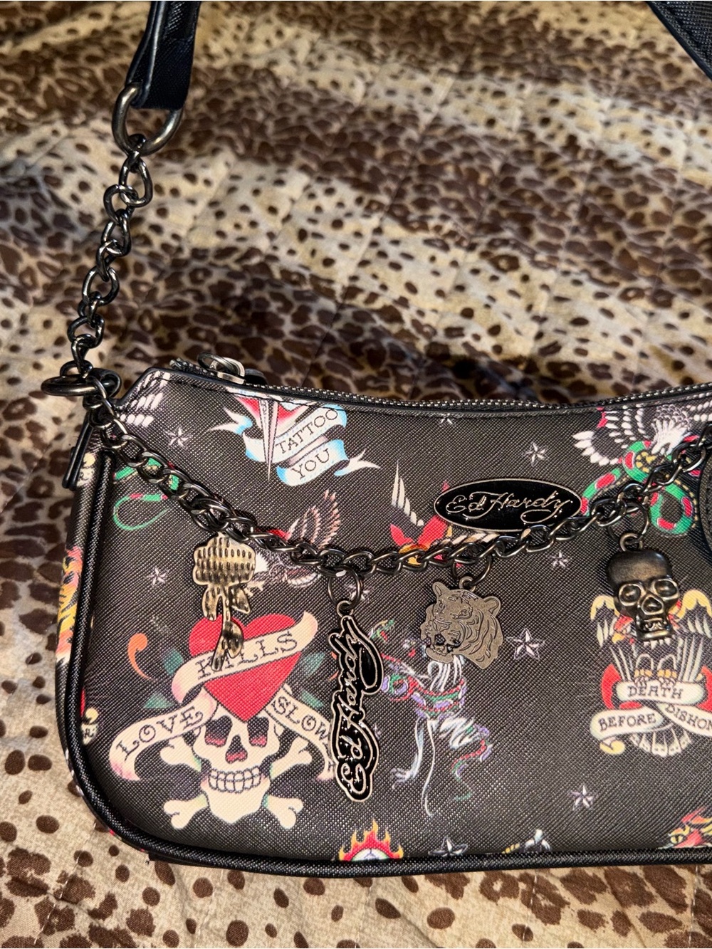 Ed Hardy Black Tattoo-Print Shoulder Bag with Chain Charms
